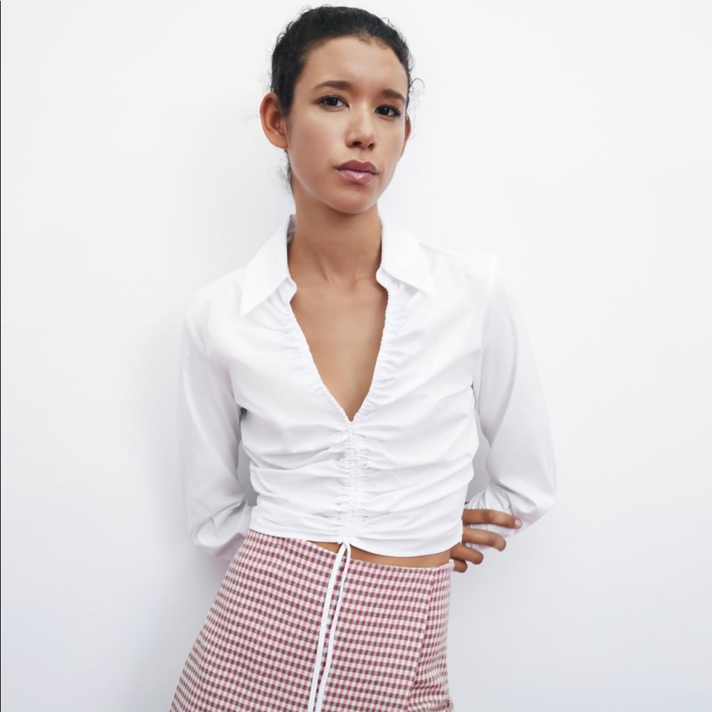 Zara Gathered Poplin Shirt White